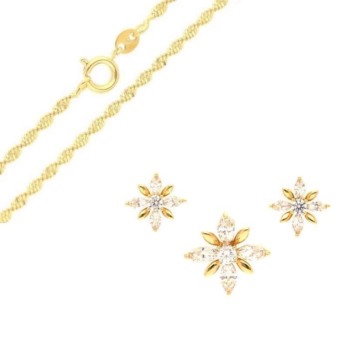 Parure Bijoux - Femme - Fleur - Cristal - Oxyde de Zirconium - Blanc - Plaqué Or Jaune 750/1000 - 3 Microns - 4 Pièces