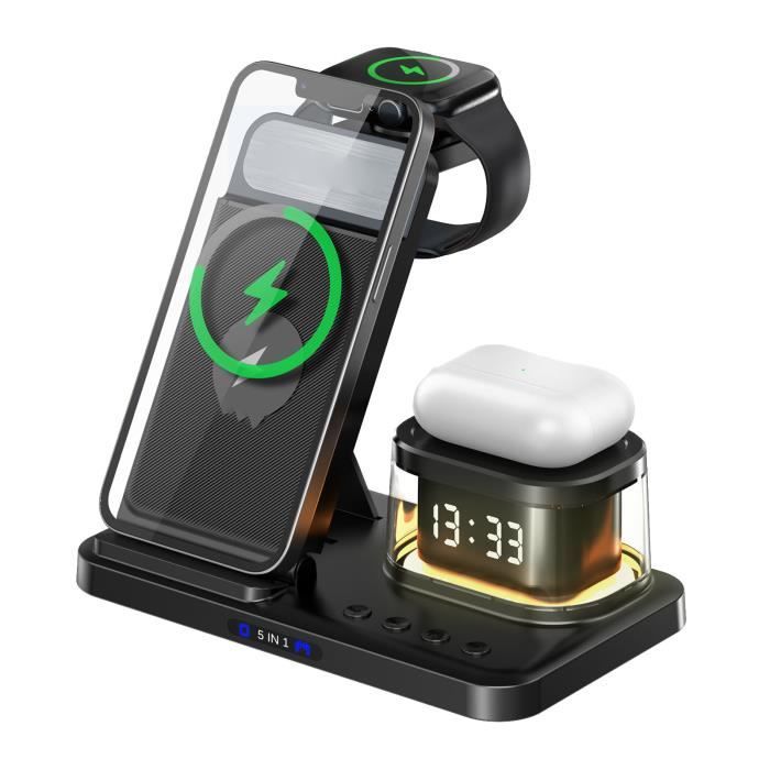 Station de charge 5 en 1 - SONEW - Horloge veilleuse - Chargement sans fil - Compatible IOS