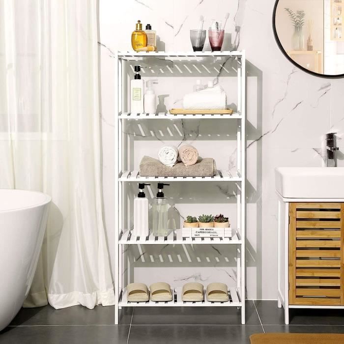SONGMICS Étagère Salle de Bain à 5 Niveaux Présentoir Multifonctionnel pour Salon Couloir 60 x 26 x 130 cm Blanc