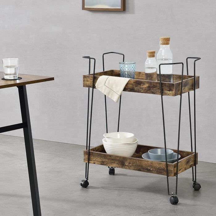 Chariot de service panneau mdf acier marron rustique et noir Chariot de service panneau mdf acier marron rustique et noir