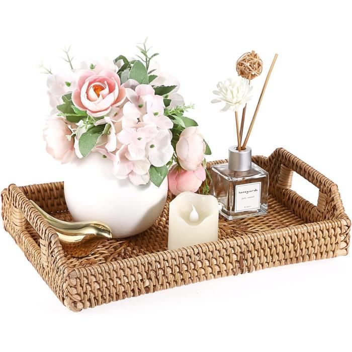Plateau En Rotin Rectangulaire 36.8cm - Tissé Main, Poignées - Déco Bohème, Service - Cuisine, Salon