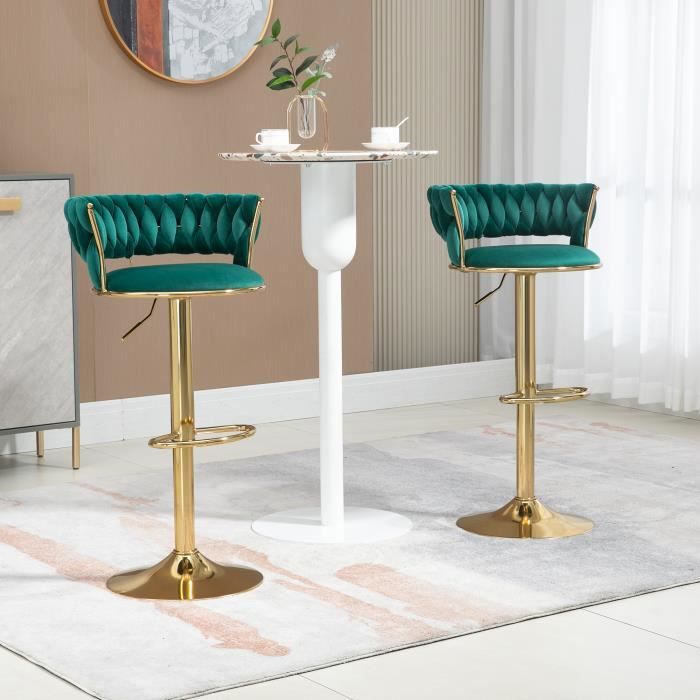 lot de 2 tabourets de bar - chaise de bar - rotatif sur 360° - hauteur réglable - avec dossier et or repose-pieds, vert