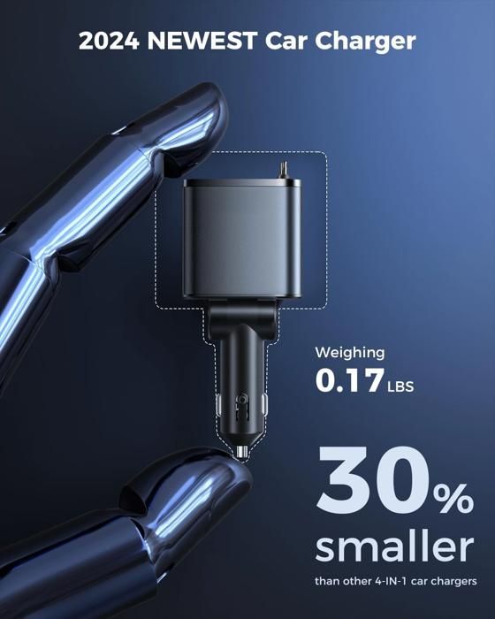 HENLSON Chargeur Voiture 4-en-1 Rétractable 66W USB-C PD30W QC3.0 - Câbles Intégrés 80 Cm, Compatible IPhone Samsung IPad