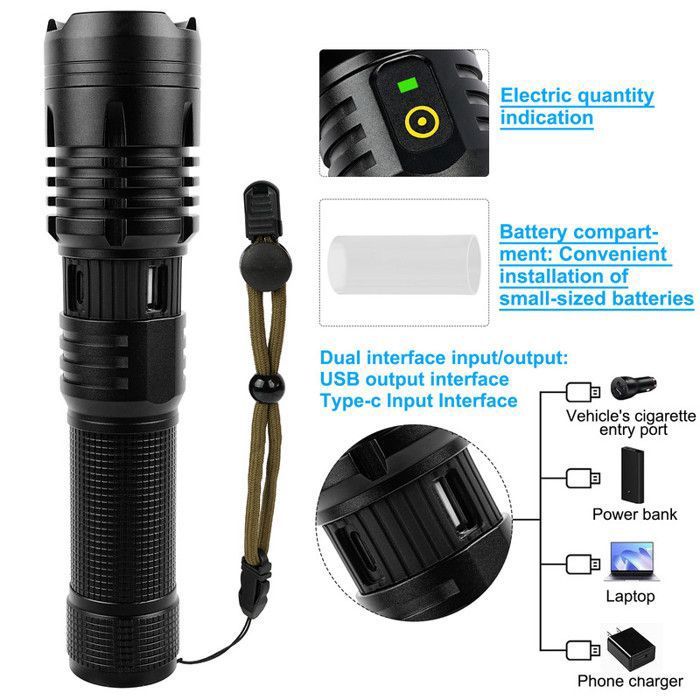 Lampe Torche LED Ultra Puissante – 5000mAh Rechargeable – 5 Modes – Noire