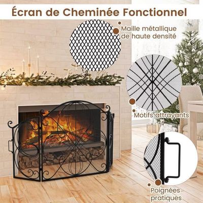 Pare-feu Cheminée Avec Portes Coulissantes - Écran Métal Maille Anti-étincelles, Autoportant, Design Loft (96 X 79 Cm)