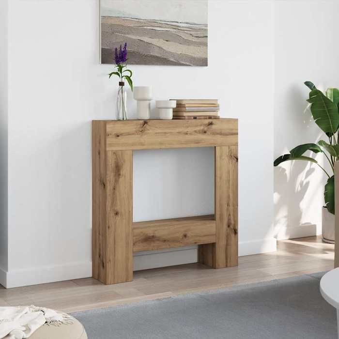 Cadre Cheminée Bois Chêne Artisanal 90x30x90 Cm - Pour Flamme Électrique, Étagère Déco