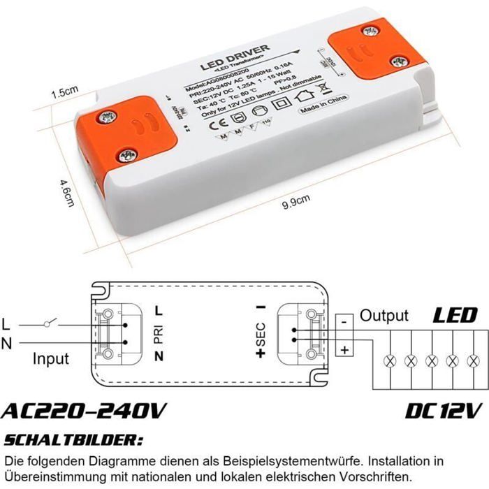 Transformateur LED 220-240V Vers 12V 15W - Driver LED Constant 1.25A Pour Bandes Et Ampoules G4 MR11 MR16