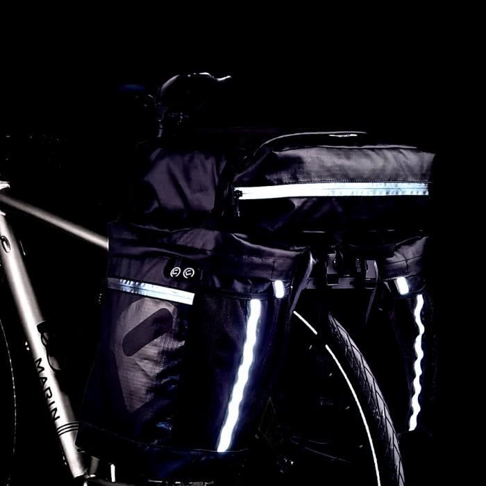 Retoo Sacoche Vélo 3 En 1 28L – Porte-bagage Arrière, 4 Compartiments, Polyester, Bandes Réfléchissantes, Couvre-pluie Inclus, Noir