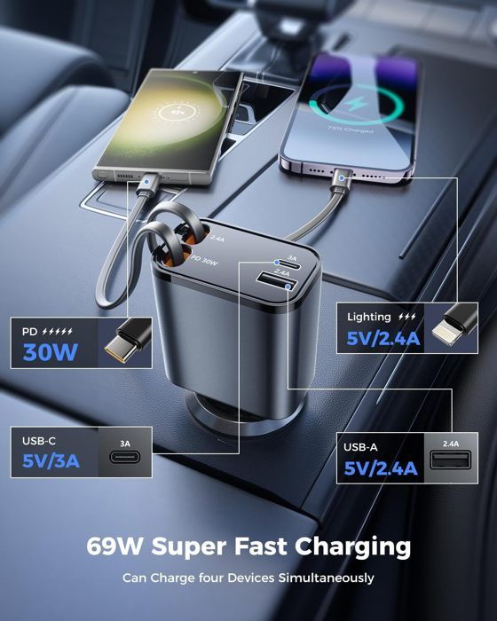 Chargeur Voiture Rapide 69W avec Câble Rétractable 4 en 1 Allume Cigare ...