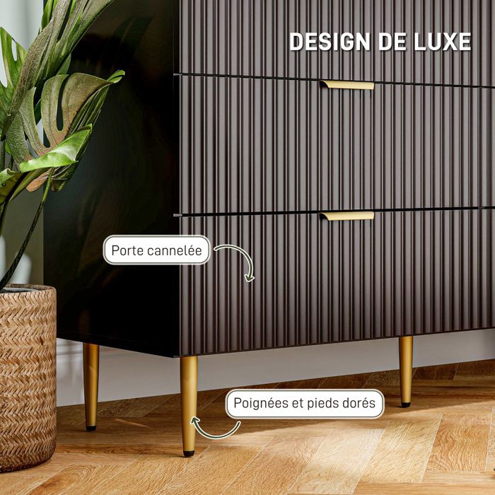 Commode 6 Tiroirs Noire HOMCOM - Design Moderne Avec Poignées Dorées - 4