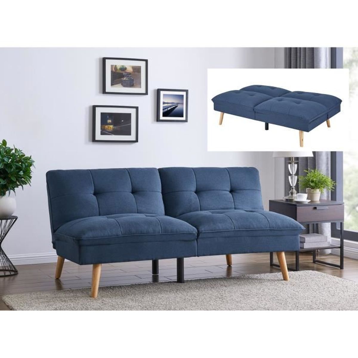 Canape Clic Clac Scandinave 3 Places Kally En Tissu Bleu Achat