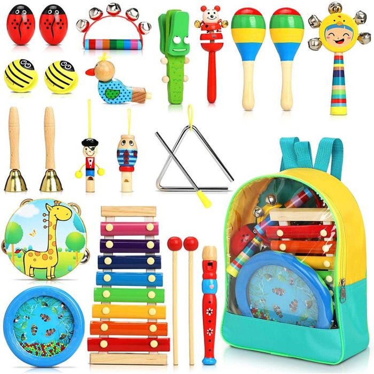 25pcs Instrument De Musique Pour Enfant Bois Percussion Pour Bebe Avec Ocean Wave Bead Drum Xylophone Triangle Et Autres Cdiscount Jeux Jouets