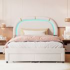 Lit enfant - HOFURNI - 140 x 200 cm - Velours beige - 2 tiroirs - LED réglable