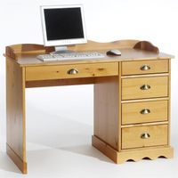 Bureau COLETTE avec rangement 5 tiroirs et corniche en pin massif couleur miel