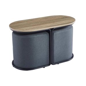 TABLE BASSE NADIA - Ensemble table basse couleur bois avec 2 poufs encastrables en tissu gris foncé