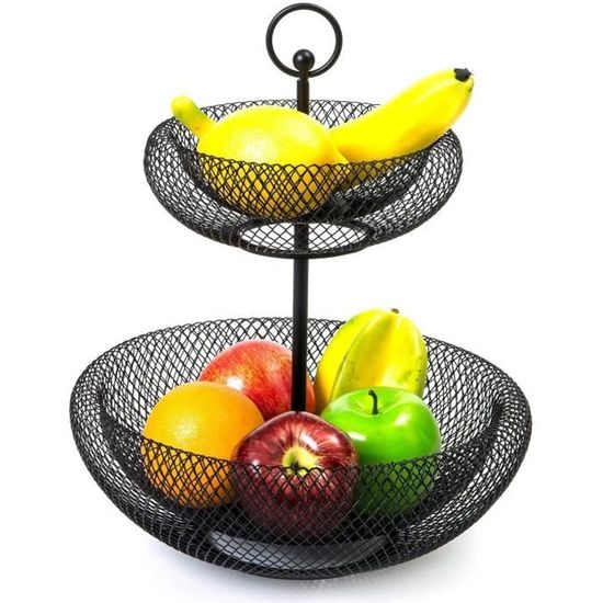 Corbeille à Fruits 2 étages IBERG - Rangement Cuisine Métal Noir