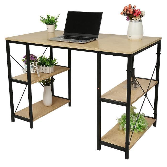 HEK Bureau Table d'ordinateur Portable Table d'étude avec 4 étagères Table Industrielle en Bois et métal