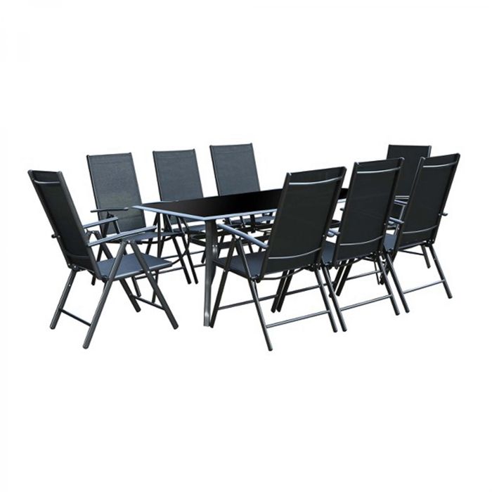 Salon de Jardin Aluminium et Textilène 8 fauteuils + Duo Transats Textilène Noir