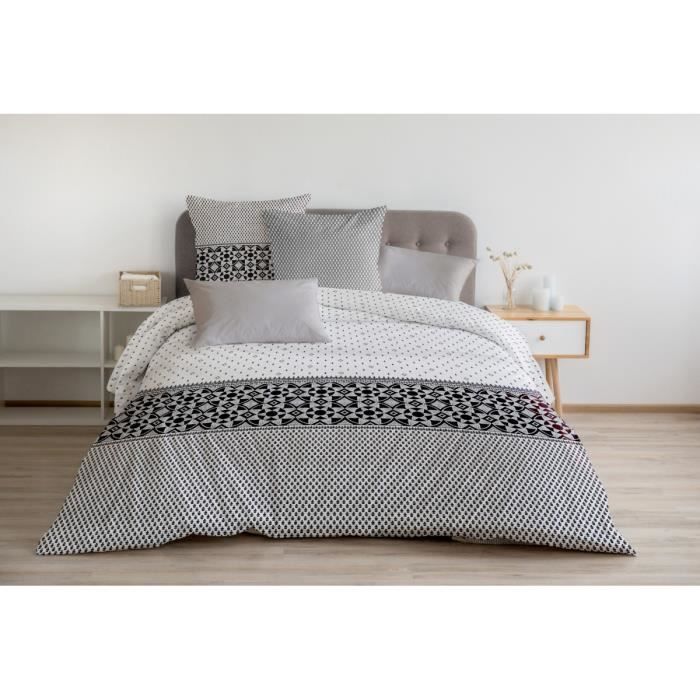 Housse de Couette 3 Pièces - 100% Coton 57 Fils - 2 Personnes 240x260 cm - NUIT BERBERE Gris Blanc