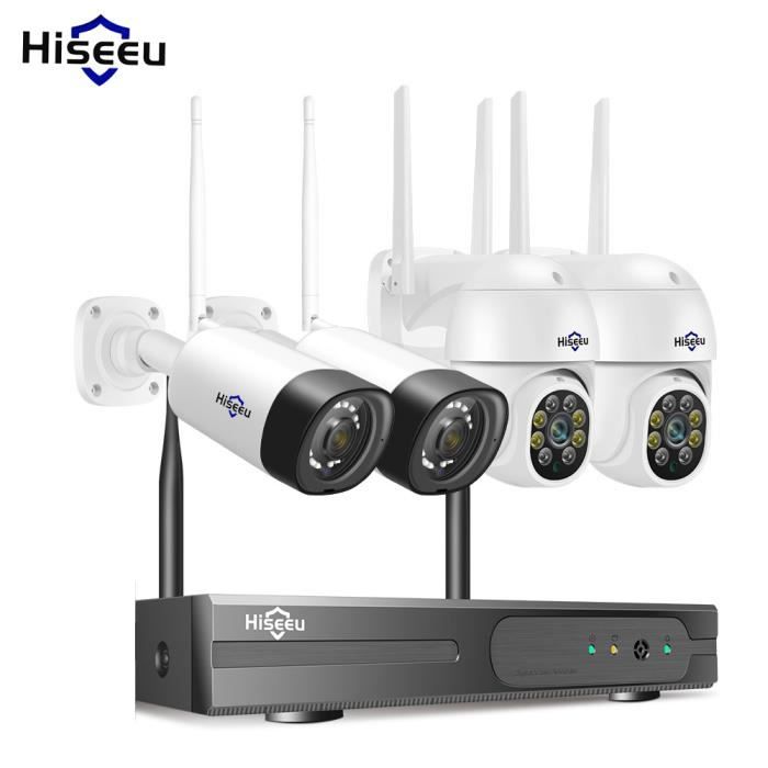 Hiseeu Kit Caméra de Surveillance 3MP WIFI Camera x2+PTZ Camera san fil x2+8CH Enregistreur NVR Sécurité Audio bidirectionnelle PTZ