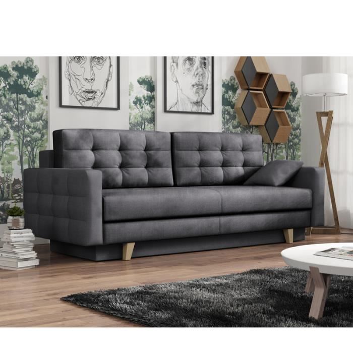 Canapé convertible - VERAT - Kronos 22 gris - pieds bois - coffre de rangement