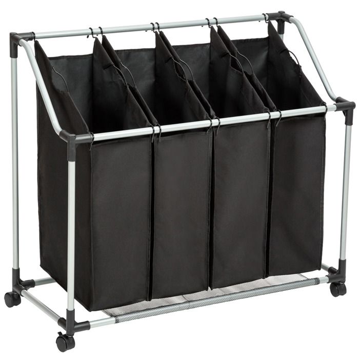 TECTAKE Panier à linge, Corbeille à linge, Bac à linge, Chariot à linge, Panier à linge sale 4 Compartiments Noir - Structure acier