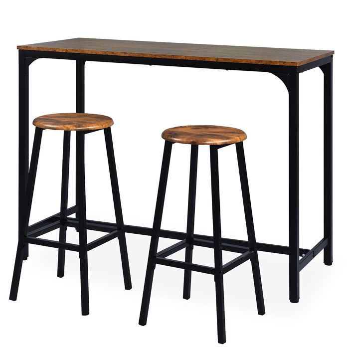 MENZZO Table de bar style industriel avec ses 2 tabourets Jostin Bois et Métal Noir - table à manger Table de bar : L120 x P50 x H90