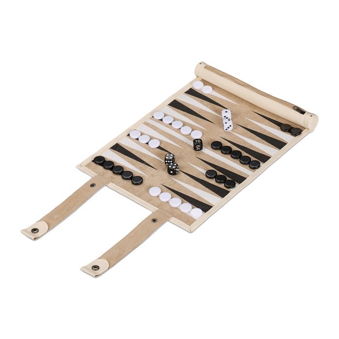 Relaxdays Set Complet Backgammon à Enrouler - Plateau 32x26 Cm, Similicuir Noir, Pions Et Dés Inclus