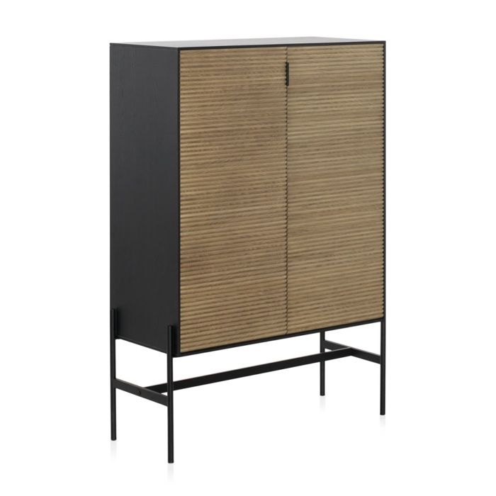 Vitrine haute plaqué en frêne noir avec portes naturelles - REF. 10974