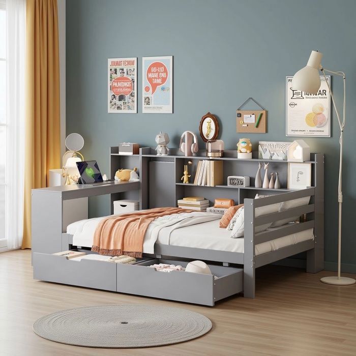 Lit Enfant/ado 90x200 Avec Tiroirs Et LED - Canapé-lit Avec Ports USB, Sommier à Lattes - Gris