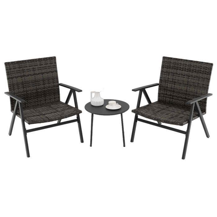 GIANTEX Ensemble Table et Chaise de Jardin 2 Personnes Table dextérieur avec 2 Chaises en Rotin PE Cadre en Métal