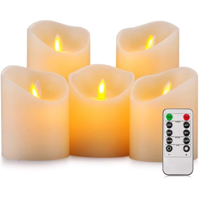 Lot de 5 bougies LED électriques sans flamme à piles en cire véritable mèche mobile et vacillante