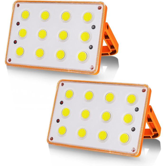 Projecteur LED rechargeable - 120 W COB - USB & solaire - 4 modes - Indicateur 4 niveaux - Lot 2 pièces