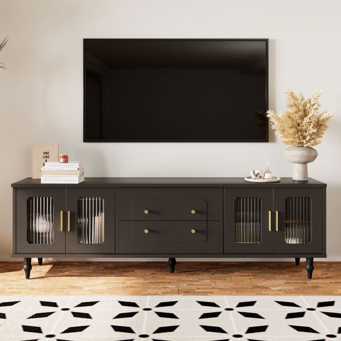 Meuble TV style rétro poignées dorées rangement spacieux porte vitrée pieds en bois massif