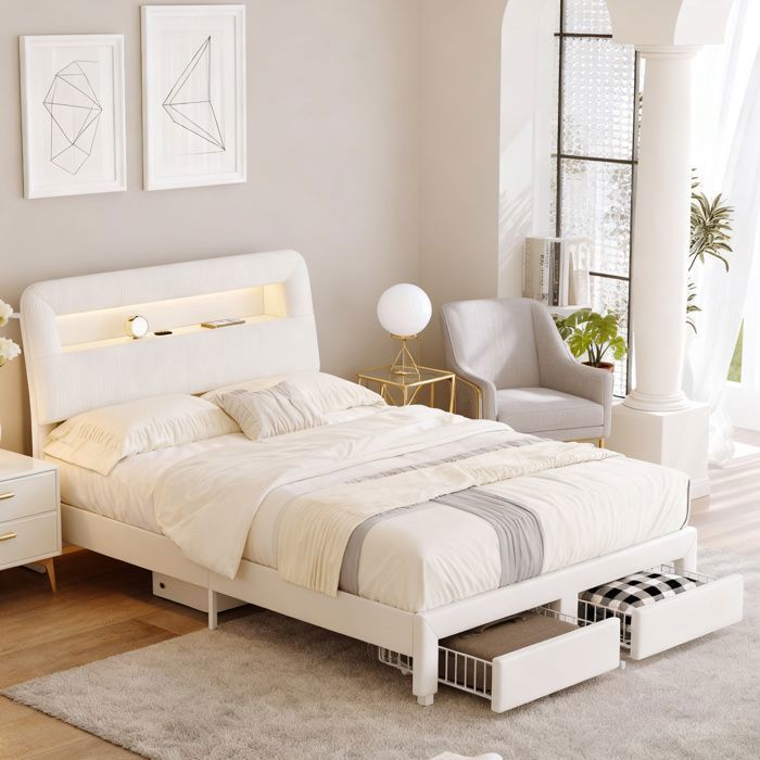 Lit 140x190 - Cadre de lit capitonné - Velours beige - Sommier à lattes - 2 tiroirs LED & USB