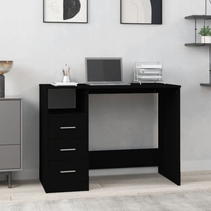 SALE 2026 Bureau moderne compact Noir - Bureau avec tiroirs Noir 102x50x76cm - bois dingénierie PRO409215348