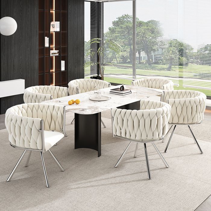 Chaises pivotantes lot de 6 - Chaises de salle à manger avec accoudoirs - Pieds métal - Structure argentée - Tissu velours - Beige