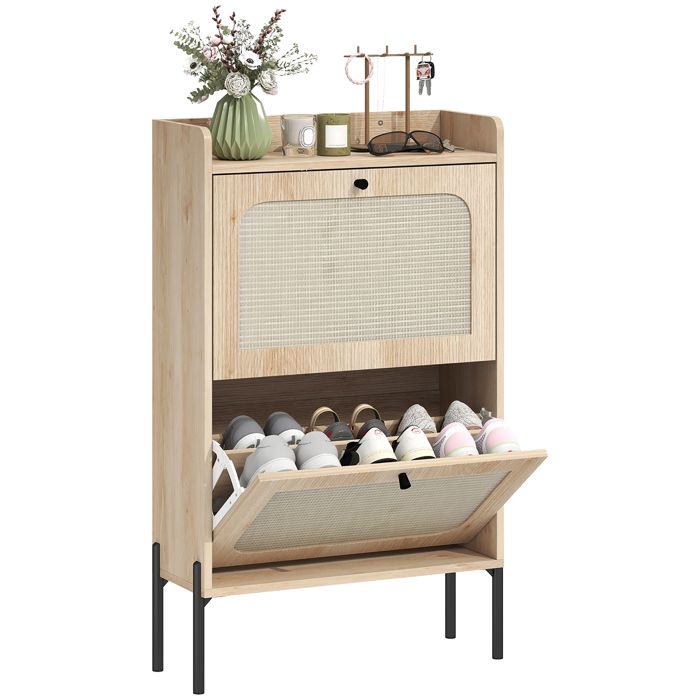 Meuble à chaussures - HOMCOM - 12 paires - 2 tiroirs rabattables - étagères ajustables - bois - 60x237x995cm - chêne