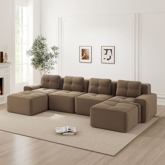 Canapé modulaire en velours côtelé - 4 places - Méridienne en U - 382x177x69 cm - Marron - Confort semblable à un nuage