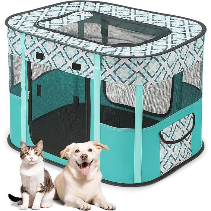 Parc pour Chien Pliable Enclos Portable pour Chiot Chat Lapin Tente Respirante M Carreaux Verts CLAPIER