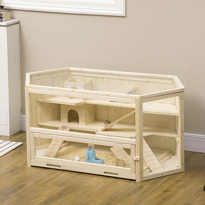 MOTHINESSTO4780-Cage à hamster à 3 niveaux bascules fenêtres cabanes plateau coulissant 115 x 60 x 55 cm effet bois naturel