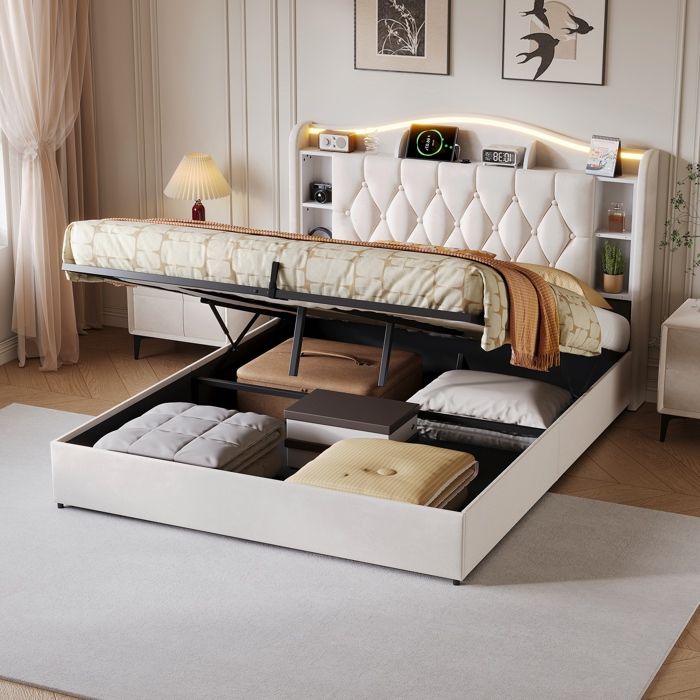 lit double 140 x 200cm Coffre de rangement Sommier Inclus avec port USB et LED Lit Capitonné Chambre moderne velours Beige