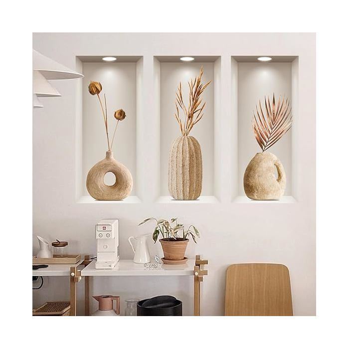 - Stickers muraux salon 3D VASE avec FLEURS beige (120x68 cm) I Autocollant mural chambre adulte bohème  OBJET DE DECORATION MURALE