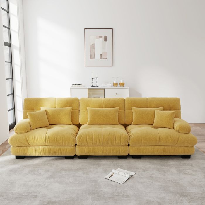 Canapé dangle modulaire 3 places EVRYAE - assise profonde et coussins en mousse configuration U L ou droite - Chenille - Jaune