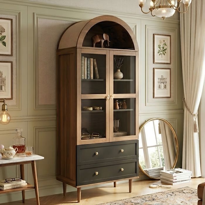 Buffet Haut 70x38x165cm - Vitrine Arquée - Design Rétro - Rangement Flexible - MDF Noyer
