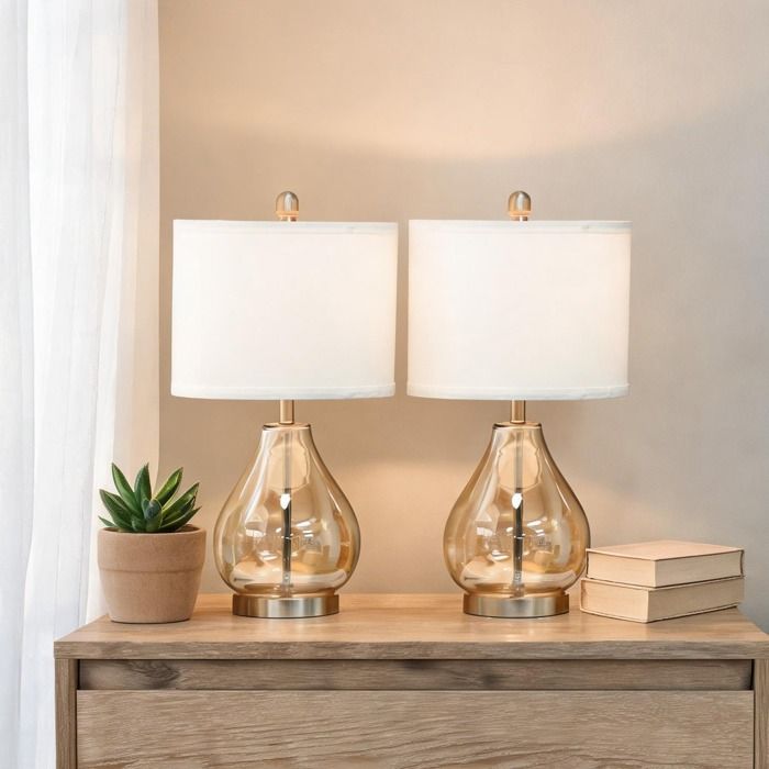 Lot de 2 lampes de table design en verre ambré et lin Ø30 x 56H cm E27 40W