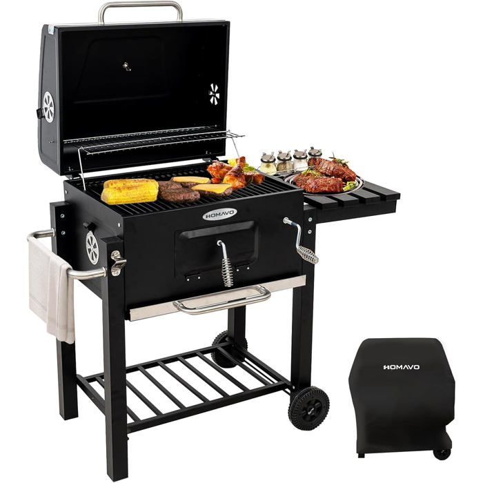 Barbecue Charbon De Bois Barbecue À Charbon Gril Avec Couvercle Surface De Cuisson 56×42 5 Cm Bac À Charbon Réglable Table Latéral