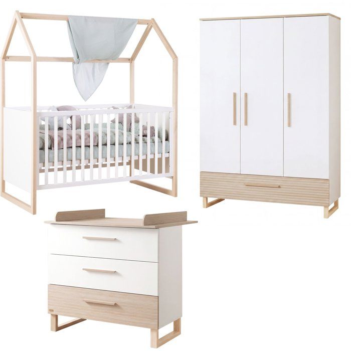 Chambre bébé complète - ROBA - Noah - Lit cododo 70x140 + Commode à langer + Armoire 3 portes - Blanc/Chêne