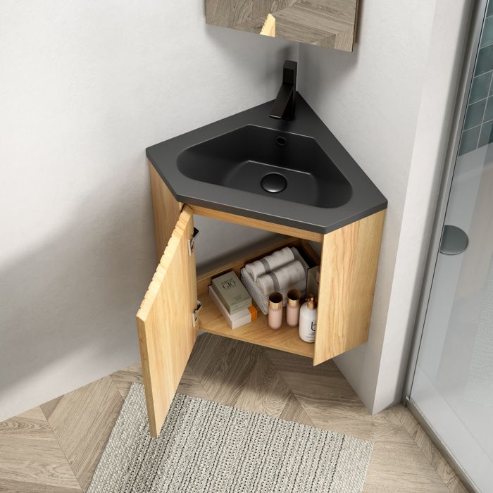 MEUBLIV Meuble sous vasque d’angle suspendu 54 5 x 38 5 x 50 cm vasque intégrée en résine noir mat 1 porte
