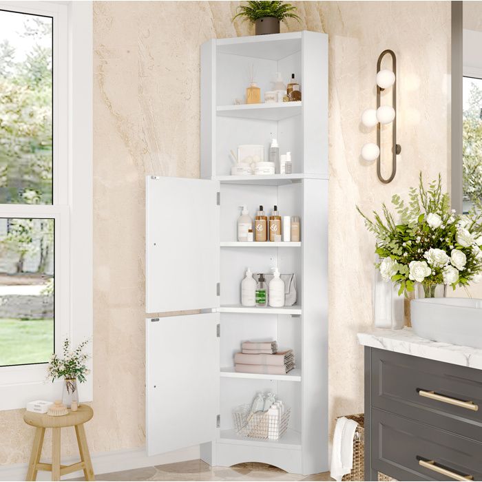 Armoire de salle de bain d’angle 2 portes 2 niches étagères réglables - BEAUNIV - MDF laqué blanc 517×32×1554 cm